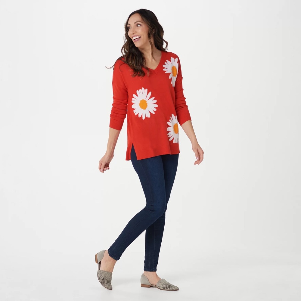 Laurie Felt LA Cashmere blend Sweet  Floral Sweater Orange Daisy Design  Small